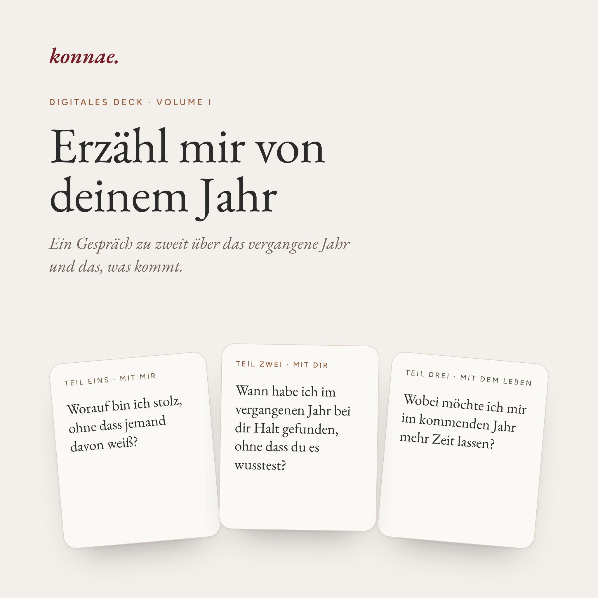 Erzähl mir von deinem Jahr: digitales Kartendeck mit drei Beispielkarten