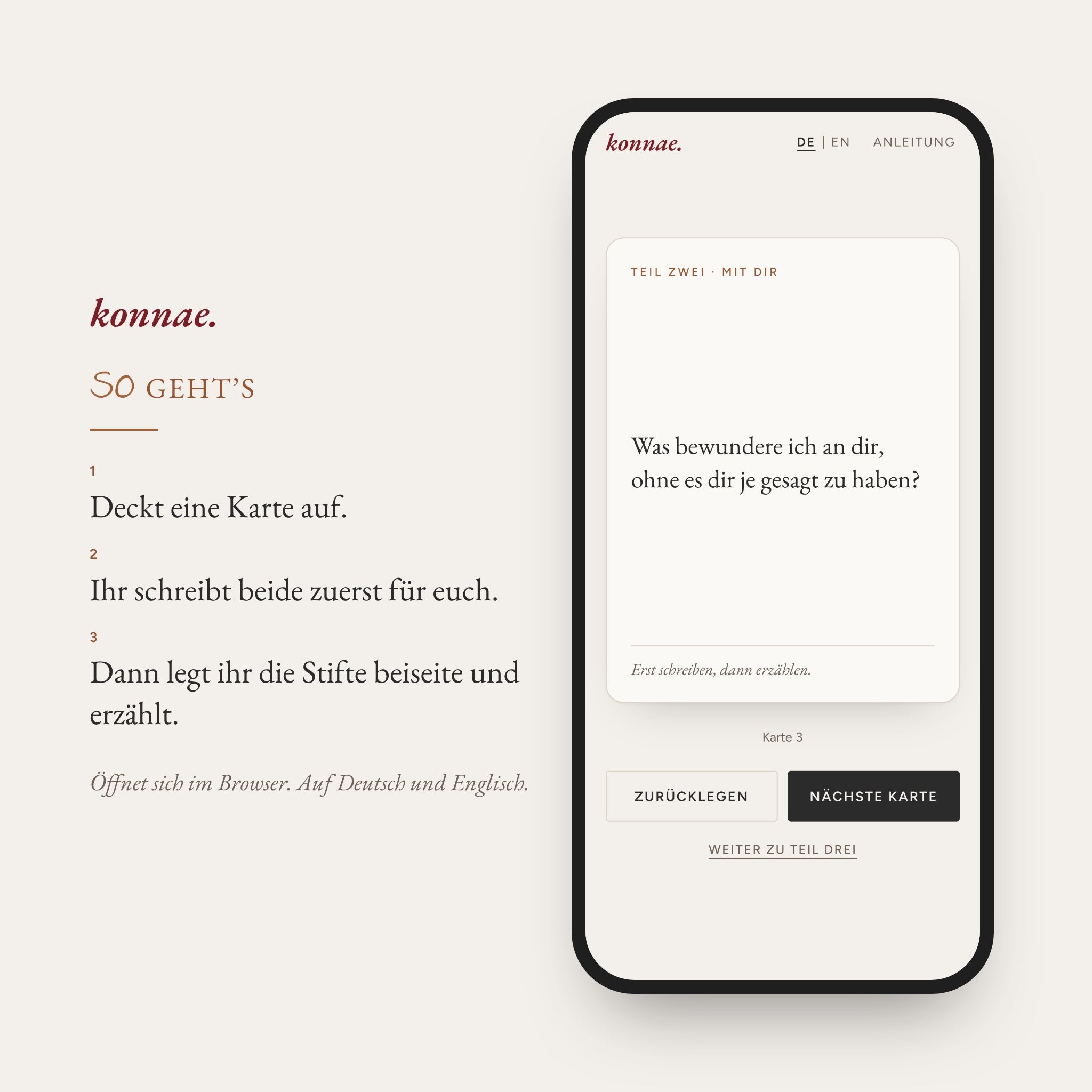 Das Deck auf dem Handy, dazu die Anleitung in drei Schritten