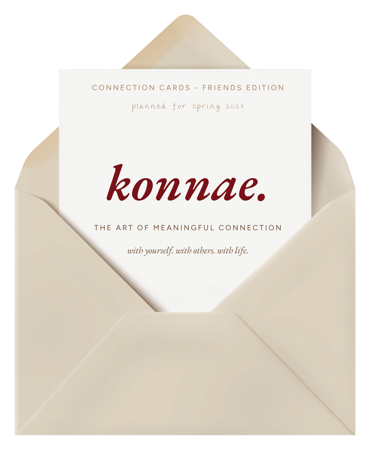 An envelope with a konnae. card announcing the Connection Cards, Friends Edition, planned for spring 2027.