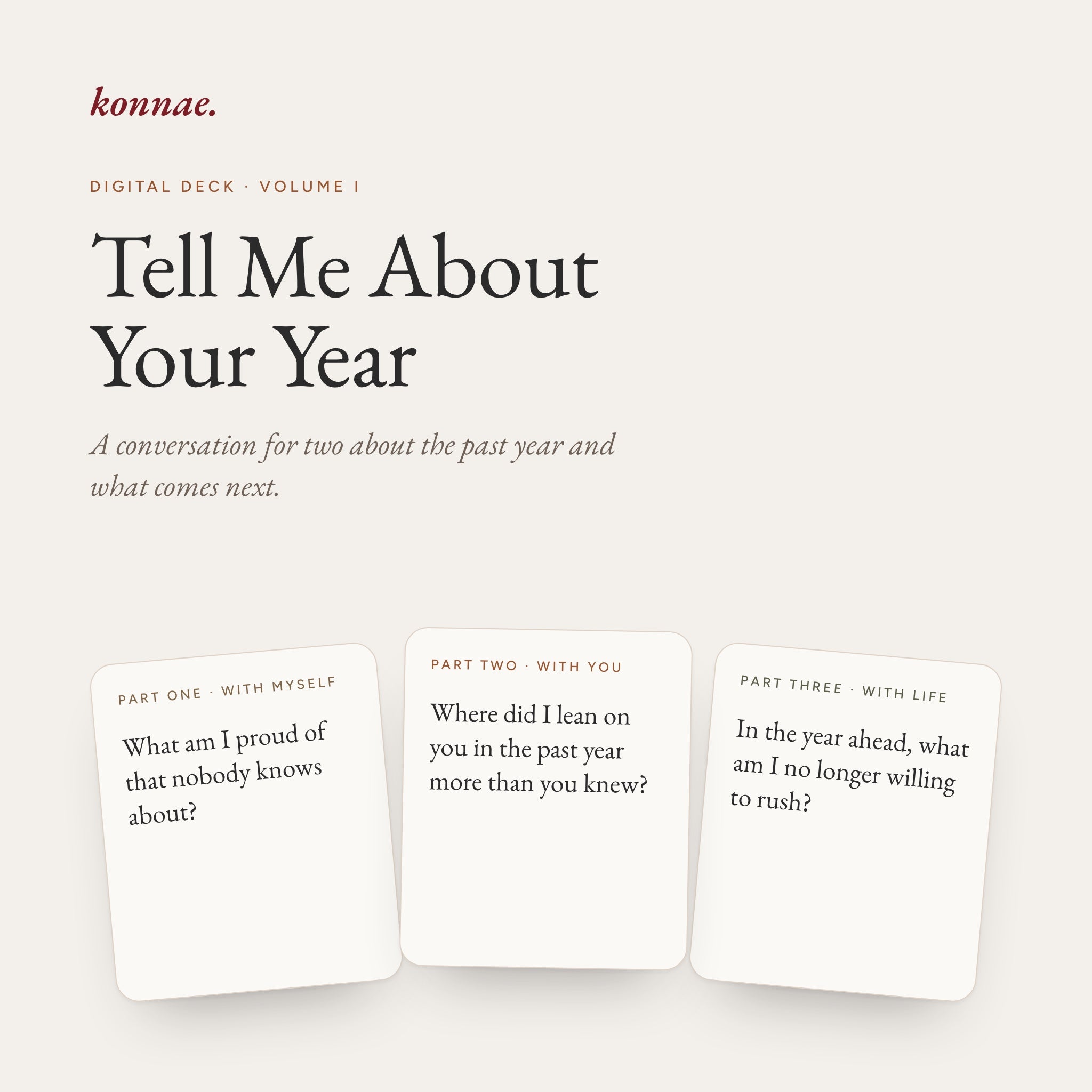 Tell Me About Your Year by konnae.: a digital deck with one card from each of its three parts